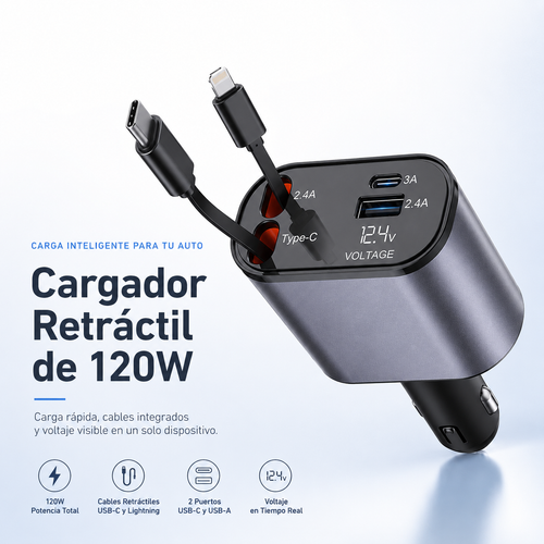 Cargador de coche retráctil rápido de 120W con cables USB-C y Lightning