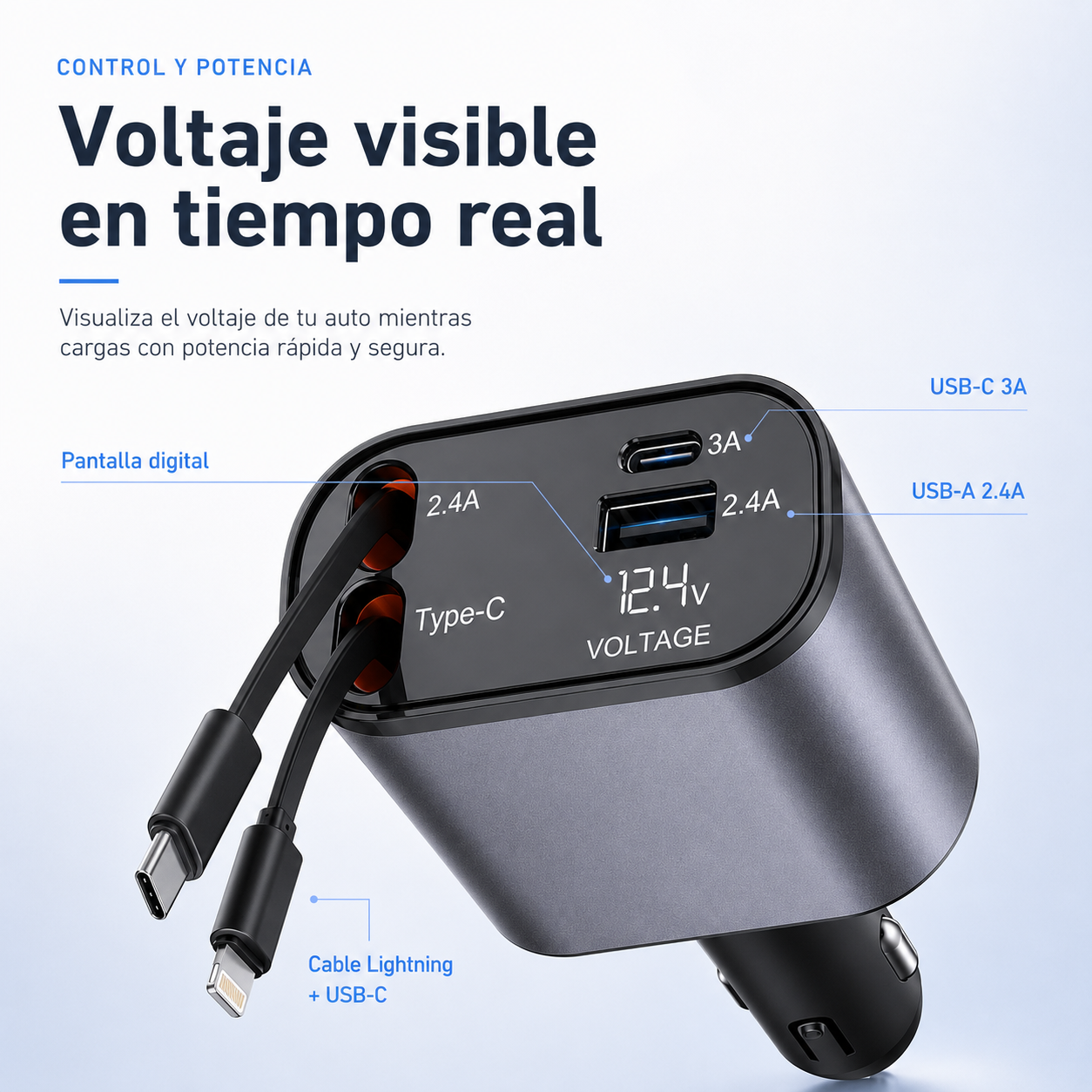 Cargador para auto con pantalla digital de voltaje y puertos USB